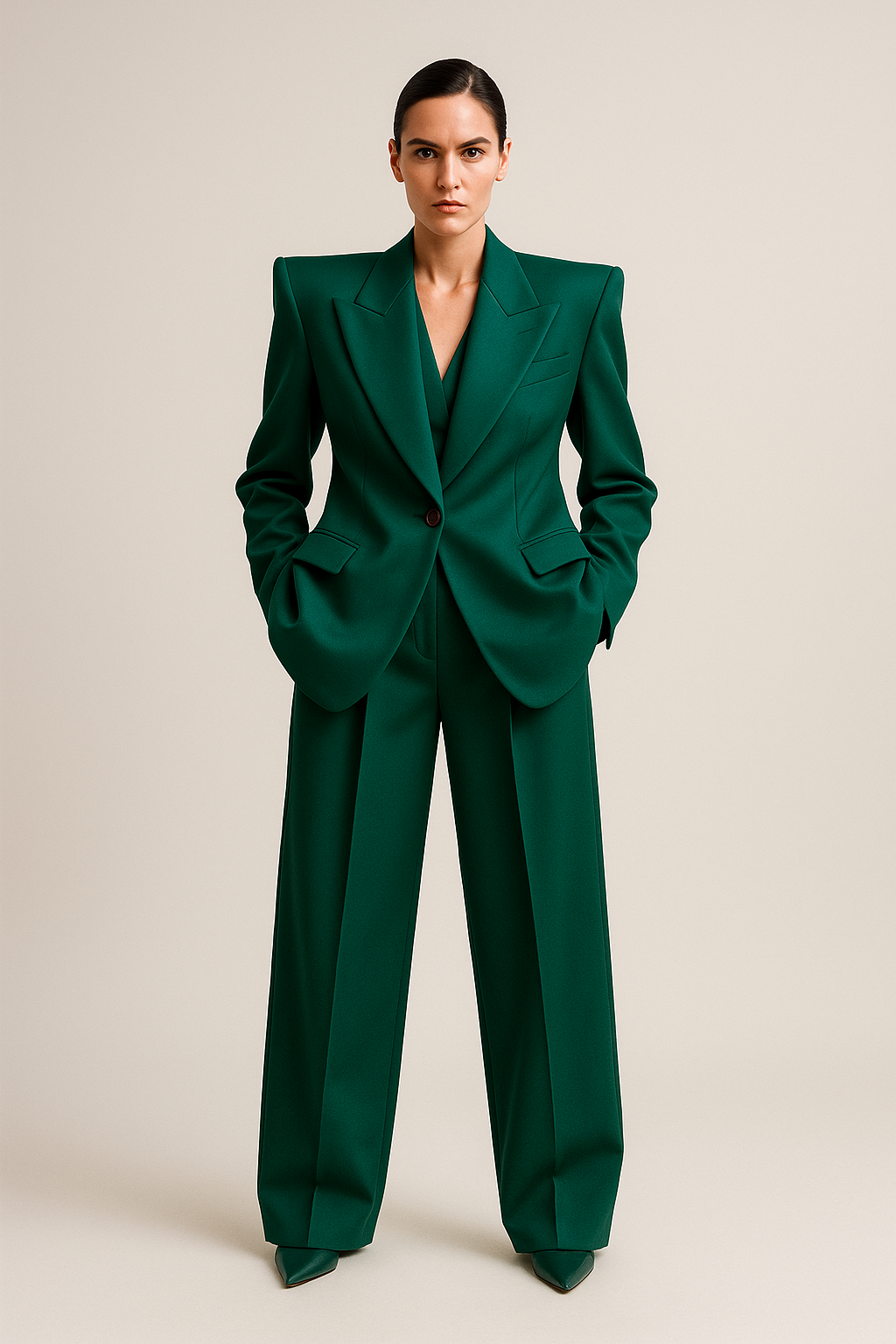 SKIPIKS AI 패션 화보 — power dressing, formal, tailored — 강렬한 초록색 수트 스타일.