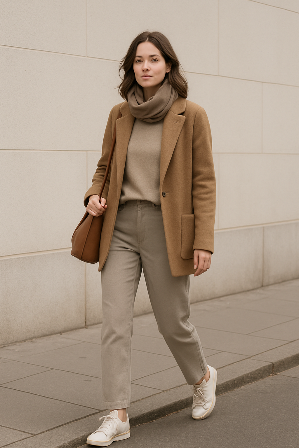 SKIPIKS AI 패션 화보 — minimalist, casual — 세련된 베이지 톤의 가을 캐주얼 룩