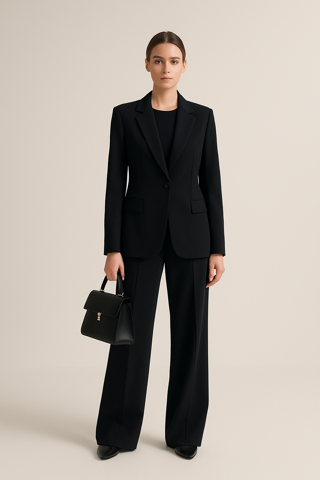SKIPIKS AI 패션 화보 — minimalist, sophisticated — 블랙 수트의 세련된 오피스 룩