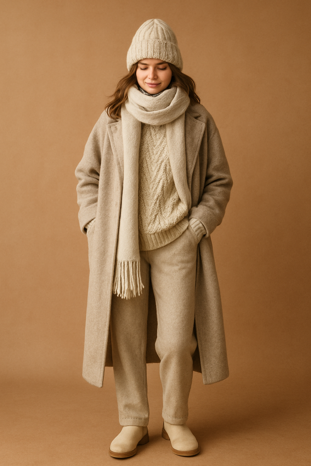 SKIPIKS AI 패션 화보 — minimalist, cozy, casual — 따뜻한 톤온톤 겨울 코디