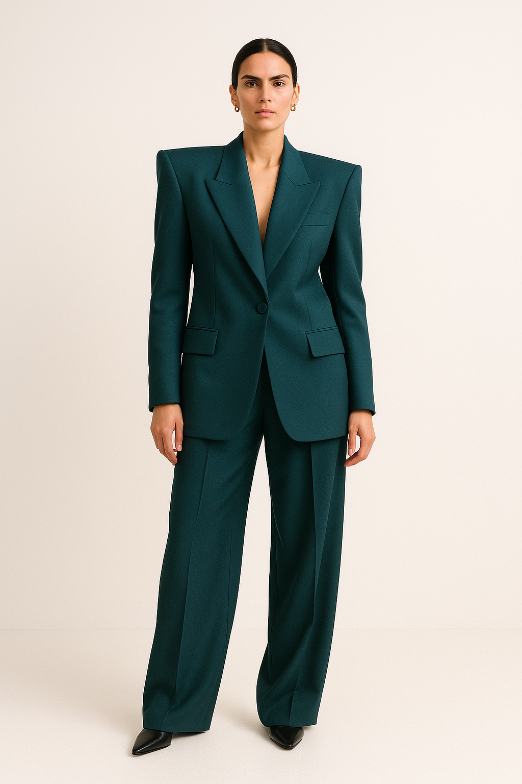 SKIPIKS AI 패션 화보 — formal, minimalist, chic — 포멀한 녹색 블레이저 수트 코디