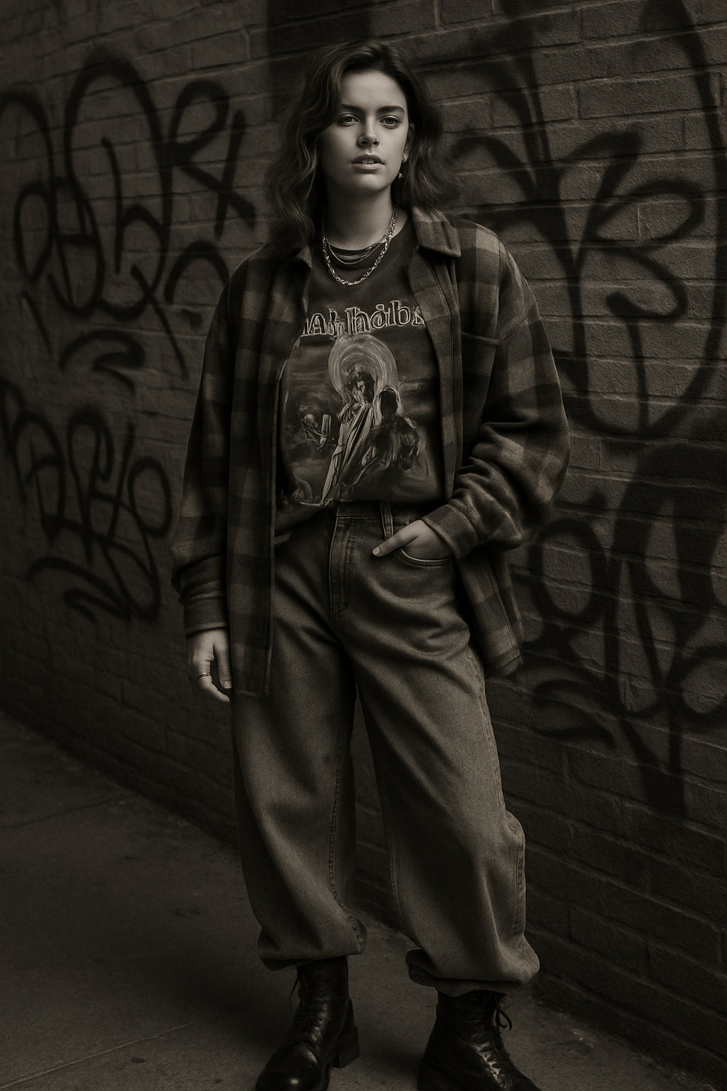 SKIPIKS AI 패션 화보 — streetwear, vintage — 브라운 체크 셔츠와 블랙 프린트 티셔츠가 스포티하면서도 빈티지한 무드를 연출해요. 데님 팬츠와 블랙 부츠로 캐주얼하면서도 견고한 스타일을 완성할