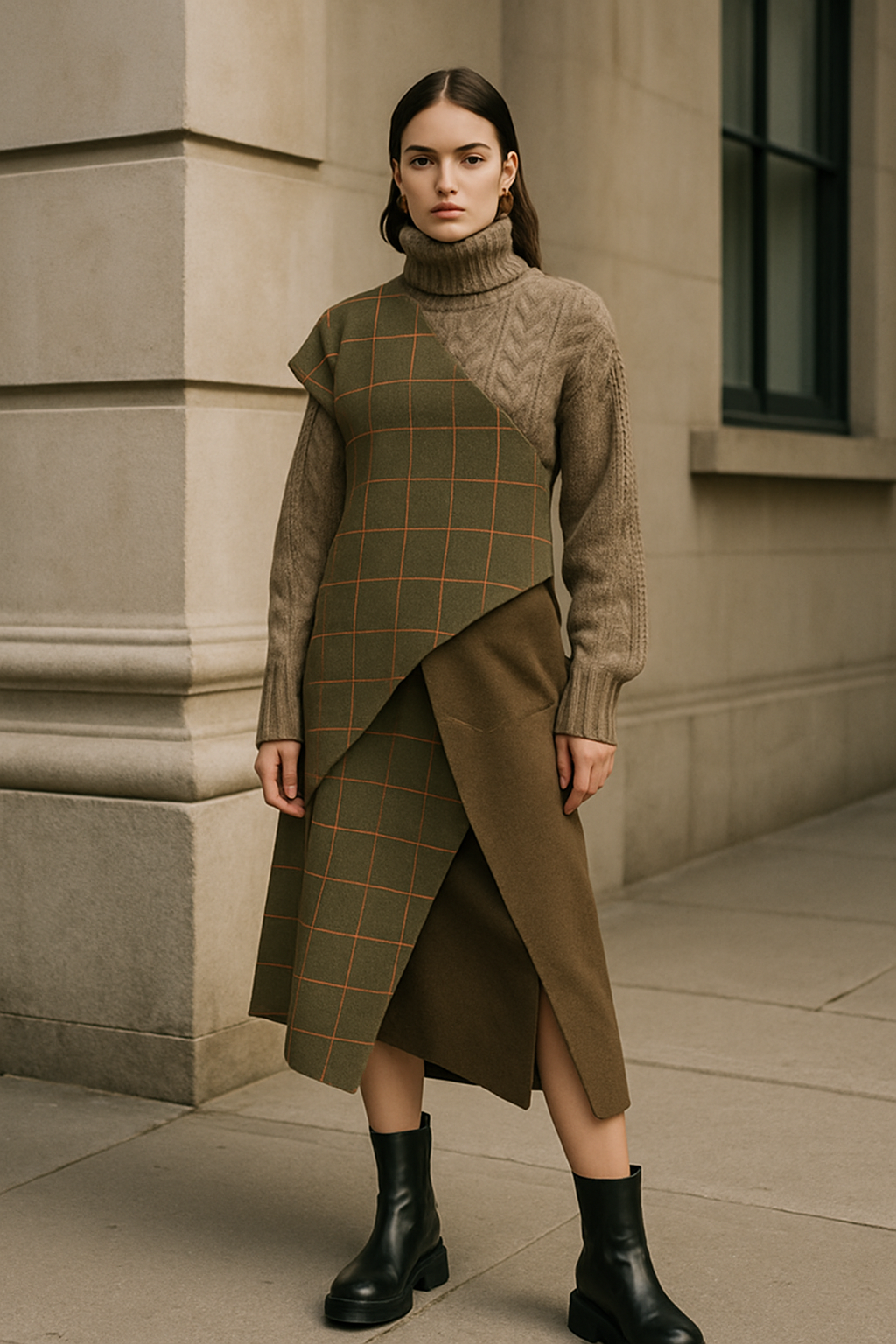 SKIPIKS AI 패션 화보 — modern, chic, layered — 이 룩은 니트 터틀넥과 체크무늬 드레스의 감각적인 레이어드로 모던하면서도 시크한 분위기를 자아냅니다. 따뜻한 톤의 베이지와 카키 색상이 어우러져