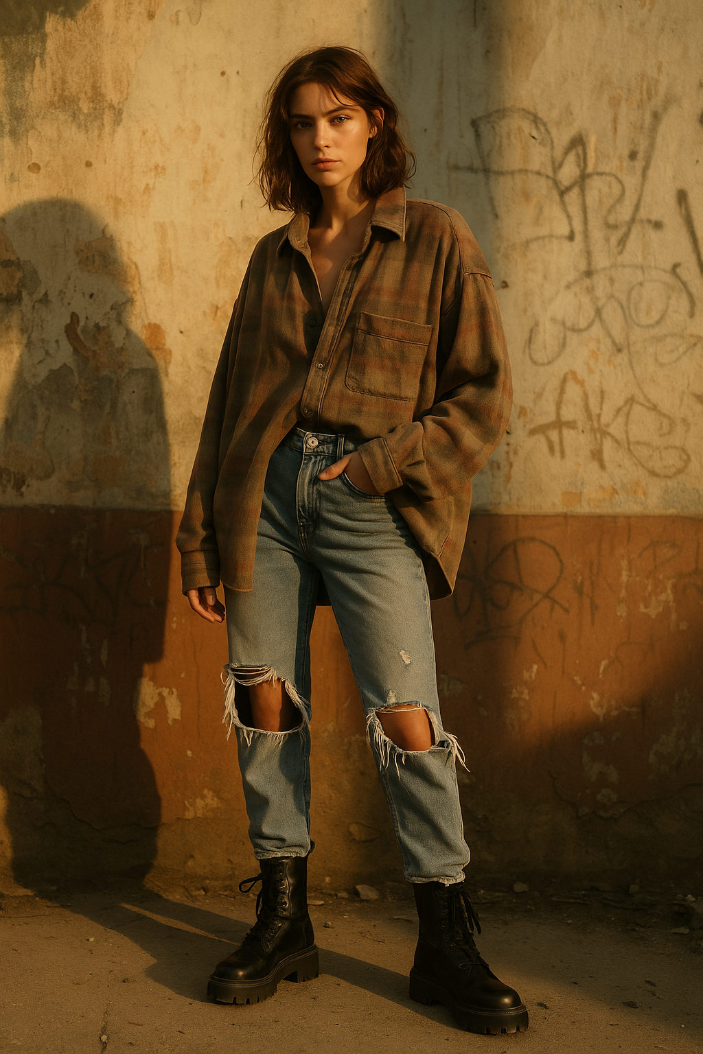 SKIPIKS AI 패션 화보 — grunge, vintage — 카키 컬러의 체크 셔츠와 찢어진 청바지가 조화롭게 어우러져 빈티지한 분위기를 연출해요. 블랙 워커 부츠를 더해 과감하면서도 시크한 느낌을 살려보