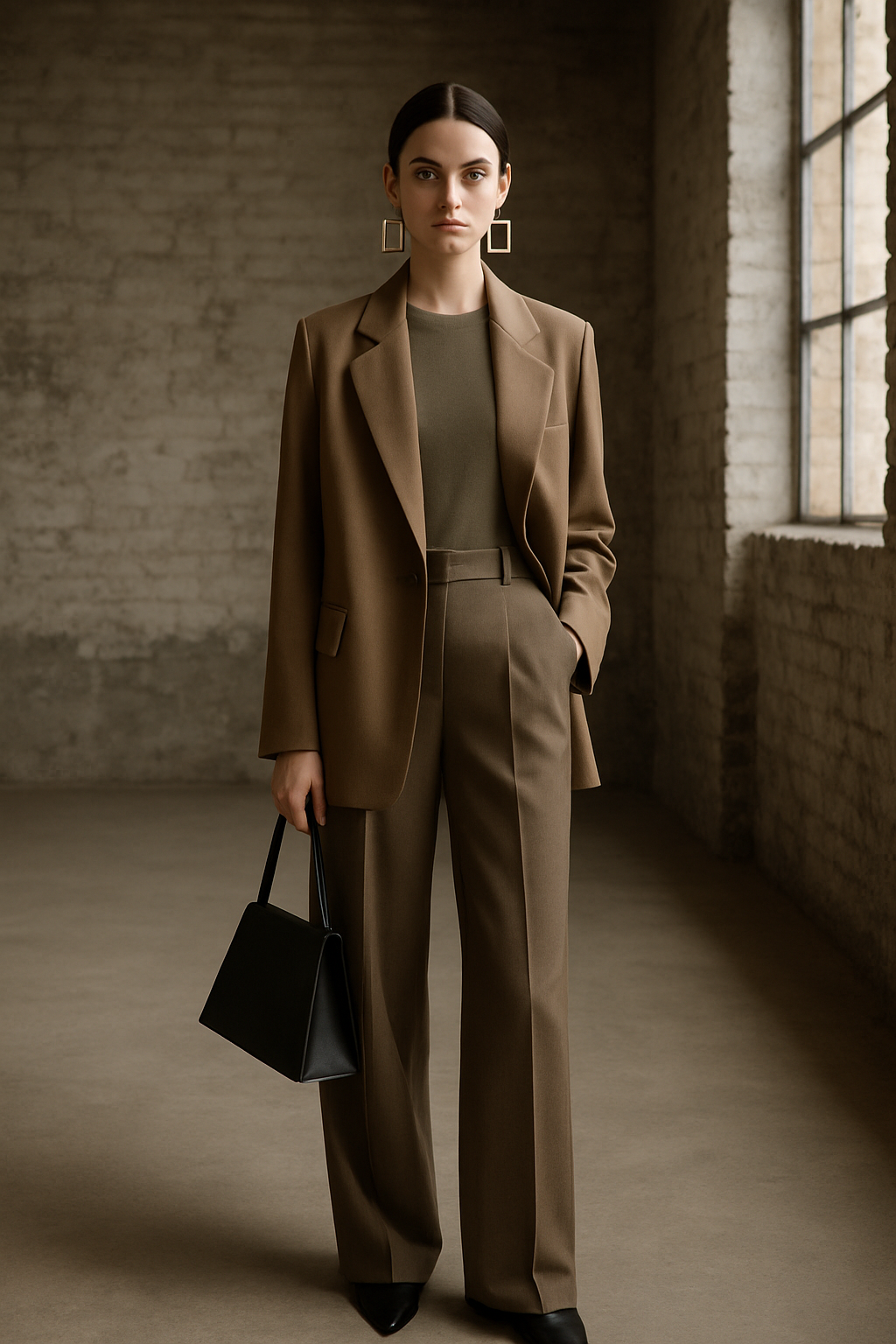 SKIPIKS AI 패션 화보 — minimalist, chic, formal — 견고한 브라운 블레이저와 슬랙스가 조화를 이루며, 차분하고 우아한 무드를 연출해보세요. 카키 니트 톱과의 절제된 컬러 조합이 완성도를 높여줍니다