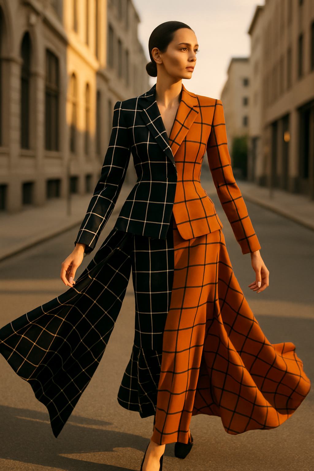 SKIPIKS AI 패션 화보 — sophisticated, modern — 체크 패턴의 블랙과 오렌지 컬러가 조화롭게 어우러져 모던한 무드를 완성해요. 깔끔한 실루엣의 재킷과 스커트로 세련된 오피스룩을 연출해보세요. 가
