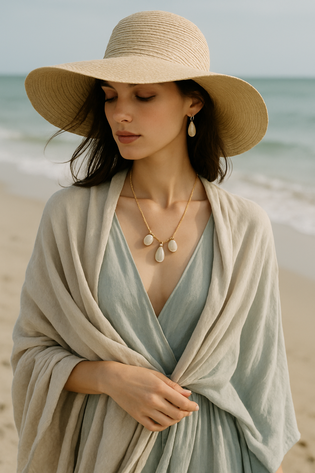 SKIPIKS AI 패션 화보 — elegant, vacation, bohemian — 바다를 배경으로 한 내추럴한 무드의 룩이 돋보입니다. 부드러운 베이지 톤의 숄이 우아한 실루엣을 연출하는데요, 여기에 심플한 블루 드레스와 매치
