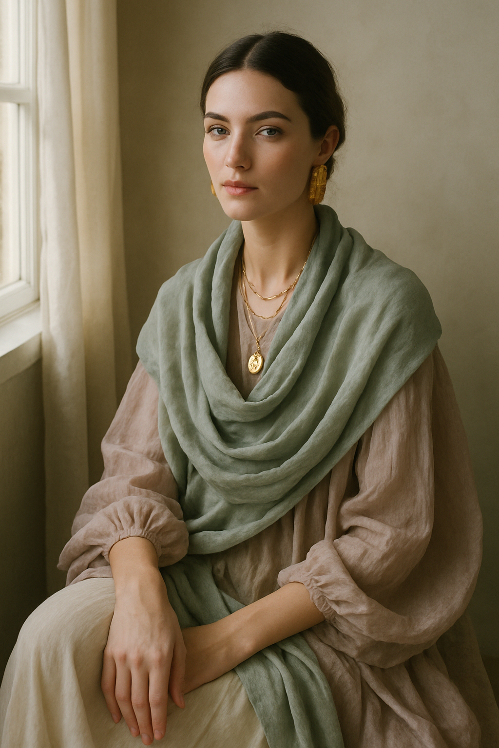 SKIPIKS AI 패션 화보 — bohemian, feminine, minimalist — 부드러운 색조의 린넨 드레스와 그린 스카프가 조화를 이루어 차분하면서도 여성스러운 무드를 연출합니다. 골드 액세서리로 고급스러움을 더해보세요. 