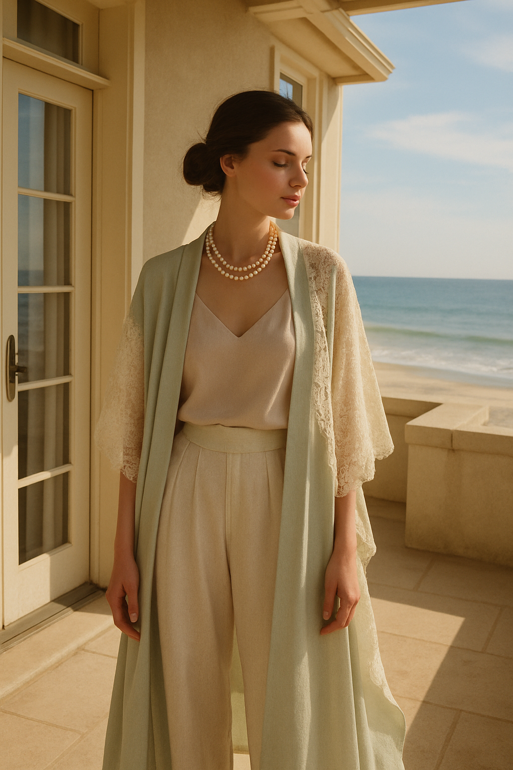 SKIPIKS AI 패션 화보 — elegant, minimalist, feminine — 화사한 베이지와 연한 그린의 조화로 여름 해변의 우아한 무드를 완성하는 룩입니다. 미니멀한 실루엣의 상하의와 로브 스타일의 가디건이 편안하면서도