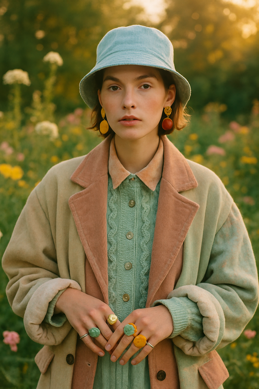 SKIPIKS AI 패션 화보 — vintage, eclectic, bohemian — 부드러운 파스텔톤의 코듀로이 코트와 민트 니트가 어우러진 감성적인 가을 룩입니다. 밝은 톤의 버킷햇과 컬러풀한 액세서리들이 독특한 개성을 더해줘