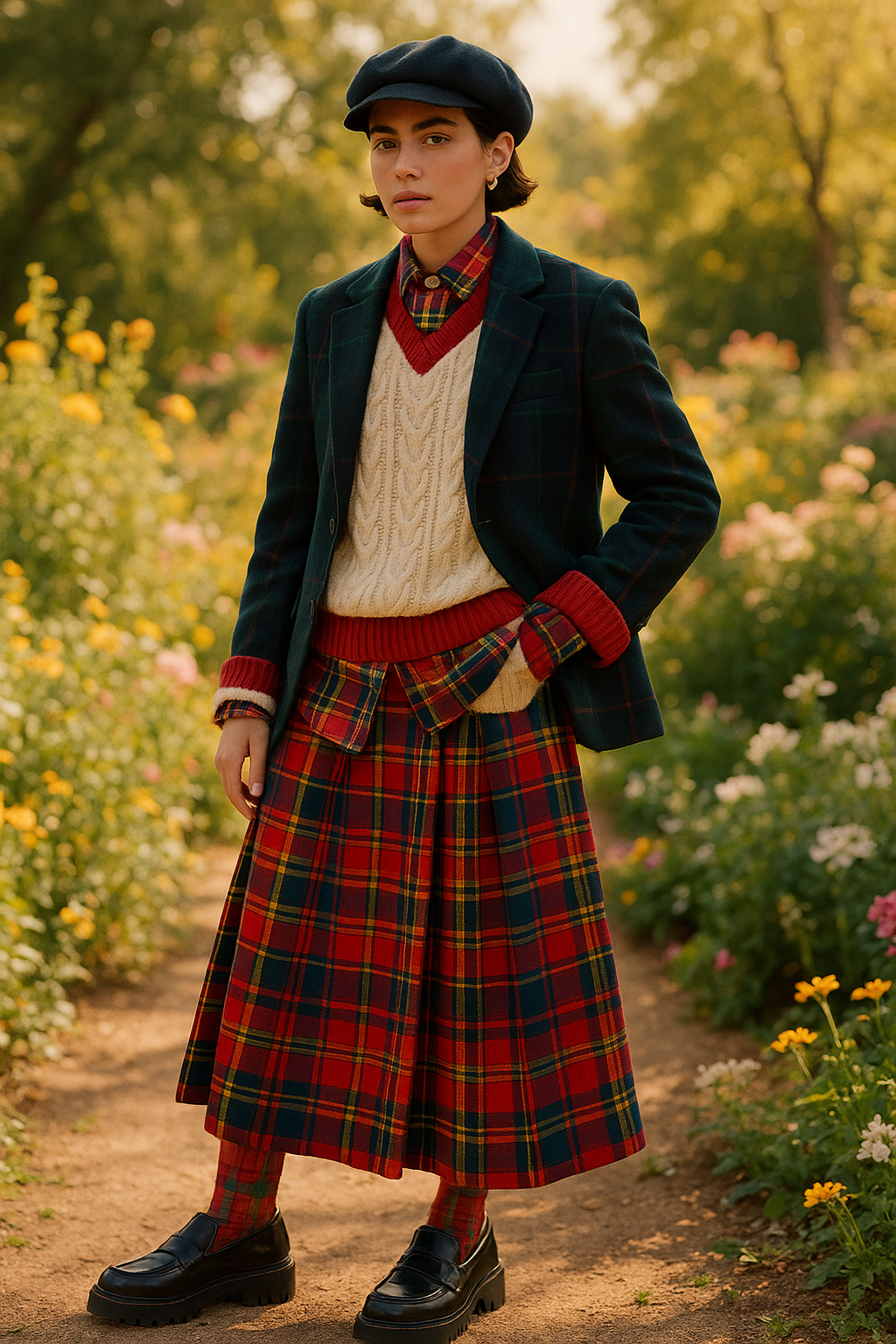 SKIPIKS AI 패션 화보 — classic, preppy, feminine — 따뜻한 가을의 무드를 부드러운 니트와 체크 패턴의 스커트가 감각적으로 표현해요. 베레모와 로퍼를 함께 매치해 트렌디하면서도 클래식한 프레피룩을 