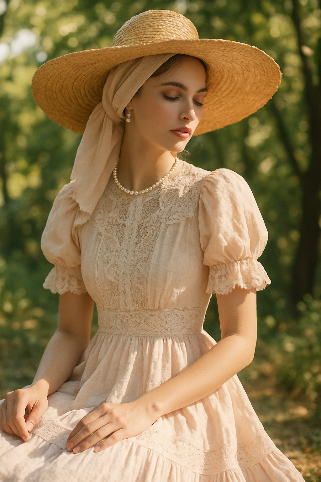 SKIPIKS AI 패션 화보 — vintage, romantic, feminine — 부드러운 베이지 톤의 레이스 드레스와 밀짚 모자가 함께 어우러져 우아하고 로맨틱한 무드를 자아내요. 진주 목걸이를 포인트로 주어 클래식한 매력을