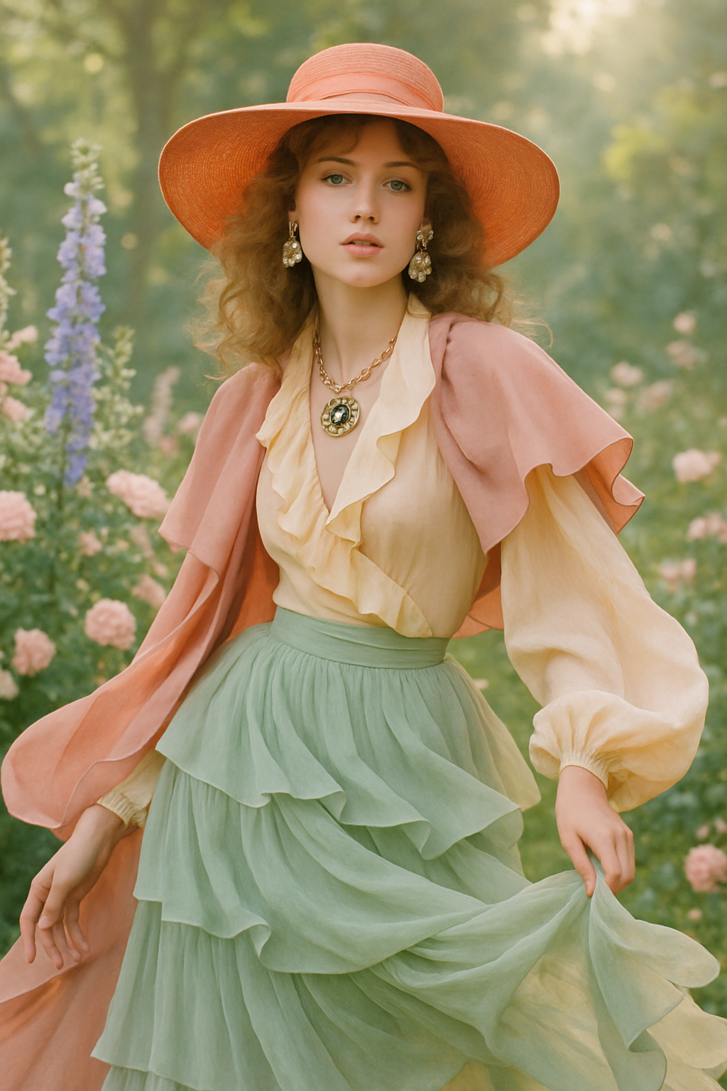 SKIPIKS AI 패션 화보 — bohemian, vintage, romantic — 파스텔 톤의 조화가 돋보이는 로맨틱한 무드의 룩입니다. 코랄과 민트의 부드러운 컬러 매치는 봄의 싱그러움을 더해주며, 쉬폰 소재가 여성스러움을 