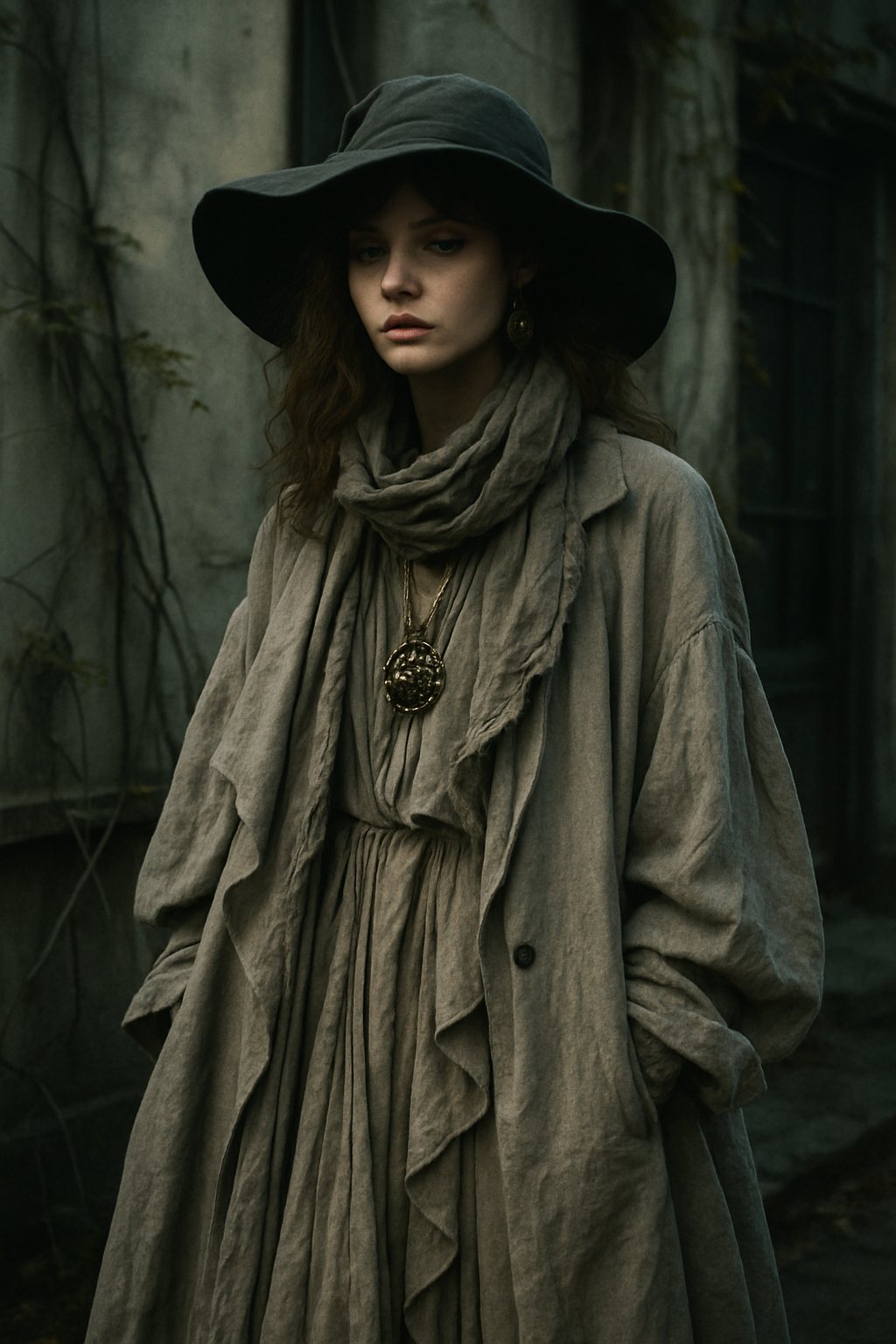 SKIPIKS AI 패션 화보 — vintage, bohemian, layered — 이 룩은 고풍스러운 베이지 톤의 내추럴 소재가 주는 보헤미안 무드가 돋보입니다. 와이드 브림 모자와 레이어드한 롱 코트는 우아함을 더하며, 액세