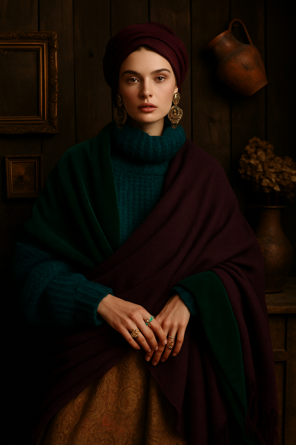 SKIPIKS AI 패션 화보 — vintage, bohemian, sophisticated — 청록색 니트와 자주색 숄이 어우러져 한층 더 따뜻하고 고급스러운 무드를 연출해보세요. 황금색 귀걸이와 독특한 디자인의 반지로 포인트를 주어 보헤