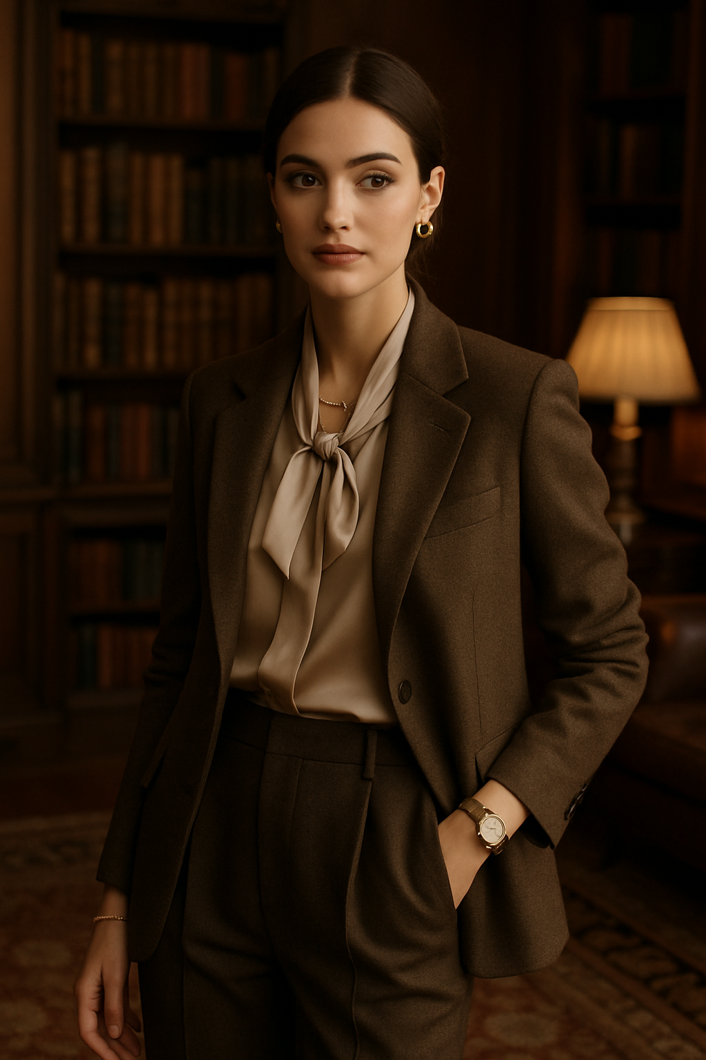 SKIPIKS AI 패션 화보 — classic, elegant — 부드러운 아이보리 컬러와 무게감 있는 브라운의 조화가 우아한 분위기를 연출해요. 리본 디테일 블라우스는 포인트 아이템으로, 심플한 악세서리로 세