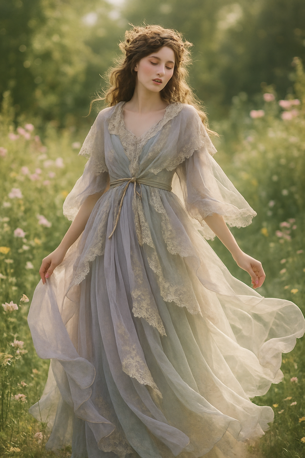 SKIPIKS AI 패션 화보 — romantic, bohemian, vintage — 라벤더 톤의 레이스 드레스가 자연 속에서 로맨틱한 무드를 자아냅니다. 부드럽게 흐르는 실루엣과 섬세한 레이스 디테일이 독특한 분위기를 완성해요.