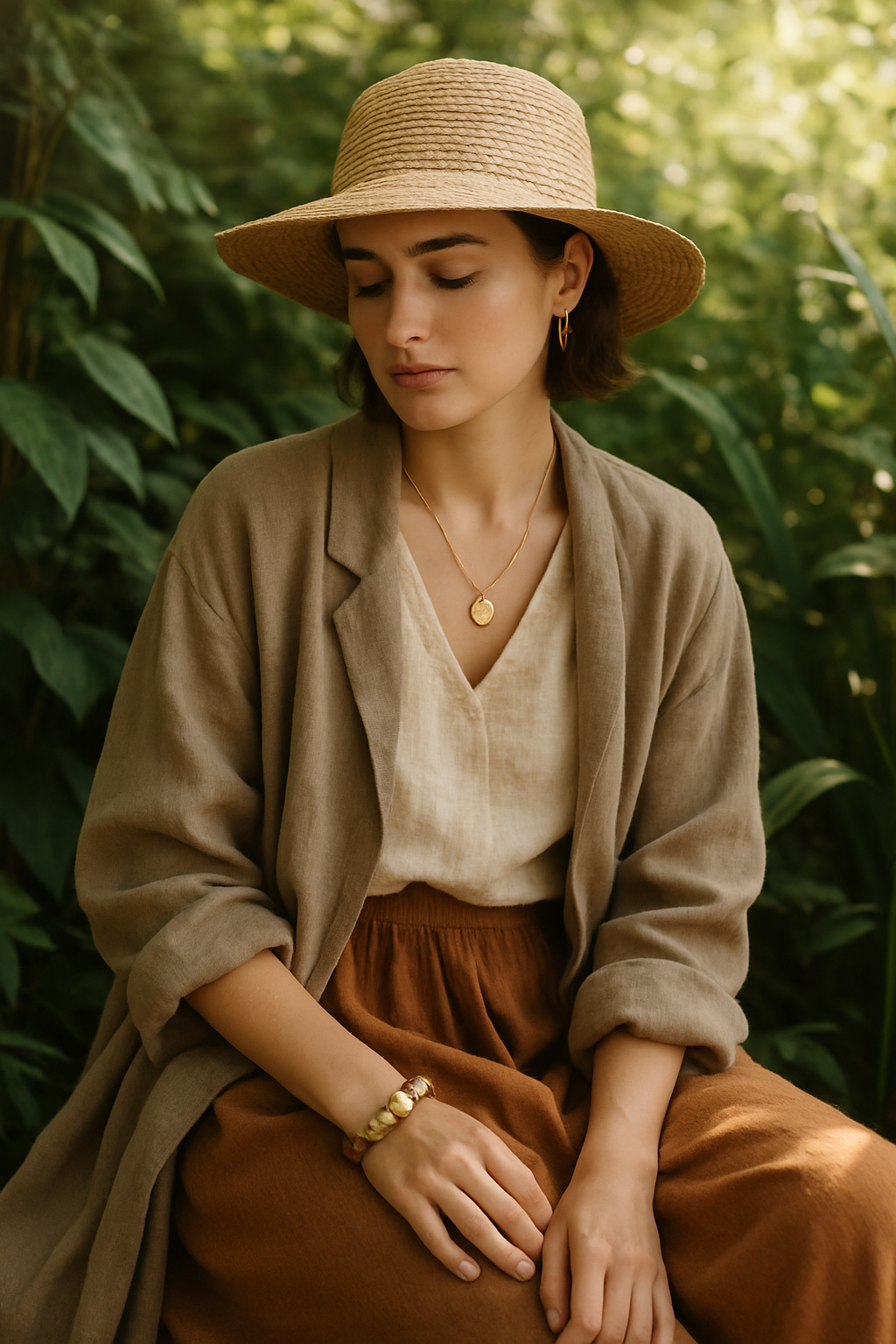 SKIPIKS AI 패션 화보 — bohemian, earthy, feminine — 내추럴한 무드의 린넨 자켓과 브라운 스커트 조합이 우아함을 자아내며, 여유로운 실루엣이 매력적이에요. 하늘하늘한 블라우스와 더불어 목걸이와 팔찌