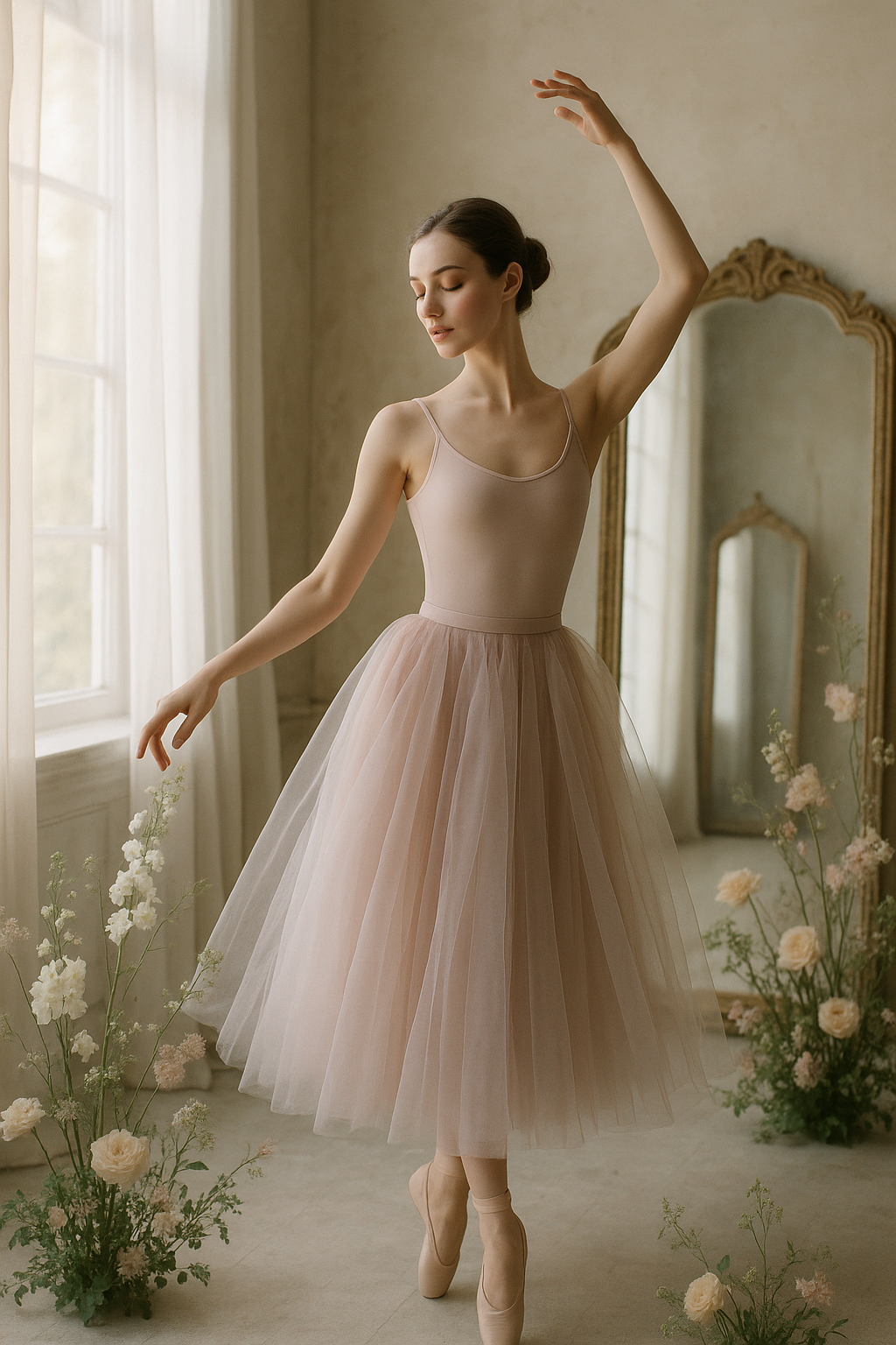 SKIPIKS AI 패션 화보 — feminine, romantic — 부드러운 파스텔 색감의 발레 튜튜 드레스가 우아하고 로맨틱한 무드를 자아냅니다. 네크라인과 웨이스트 라인이 세밀하게 조화되어 여성스러운 실루엣을