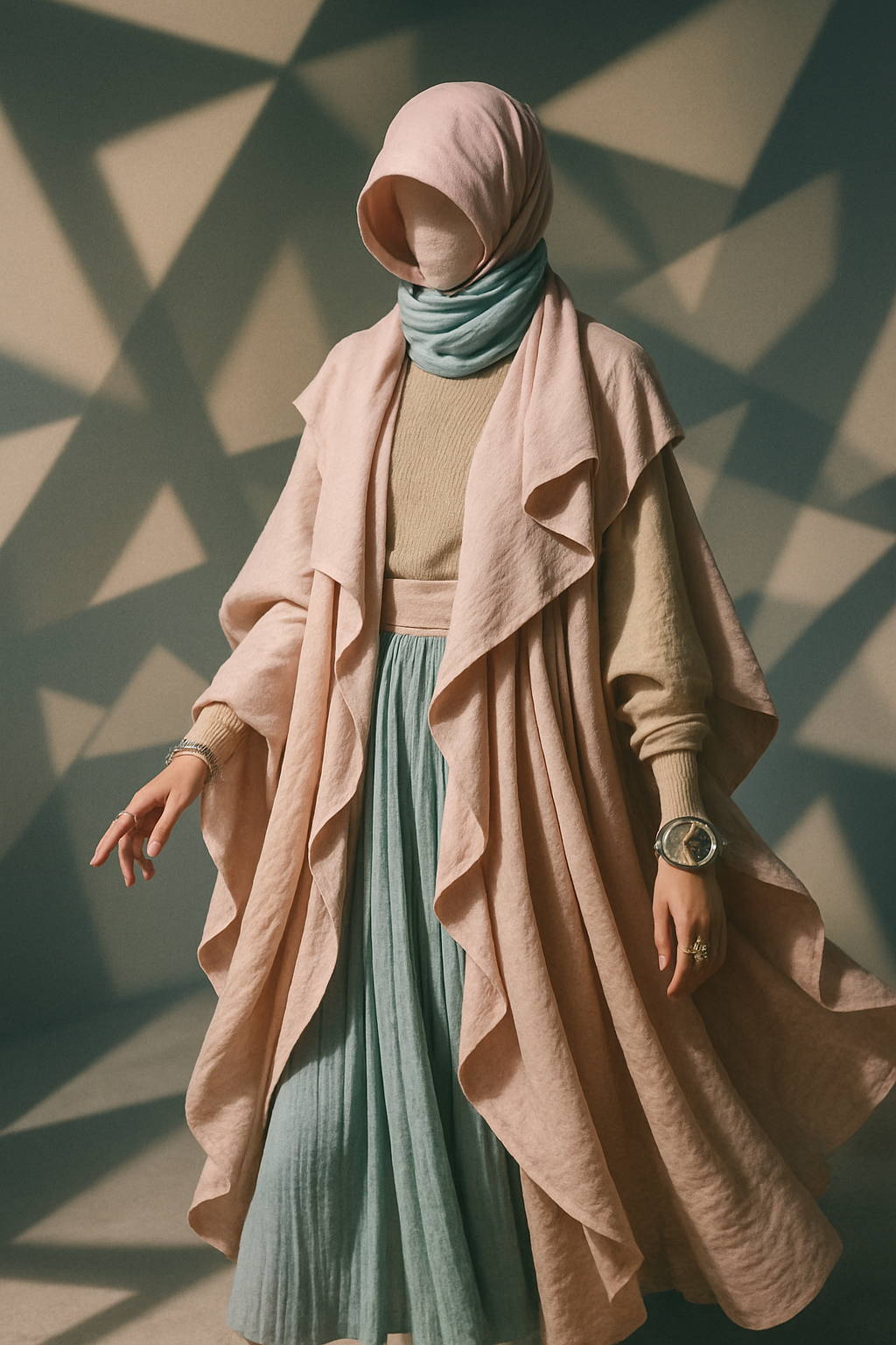 SKIPIKS AI 패션 화보 — modest, elegant, layered — 부드러운 크림과 민트톤의 조화가 우아한 실루엣을 완성해주는 스타일입니다. 드레이프 롱 베스트는 니트와 플리츠 스커트와 매치하면 감각적인 레이어드