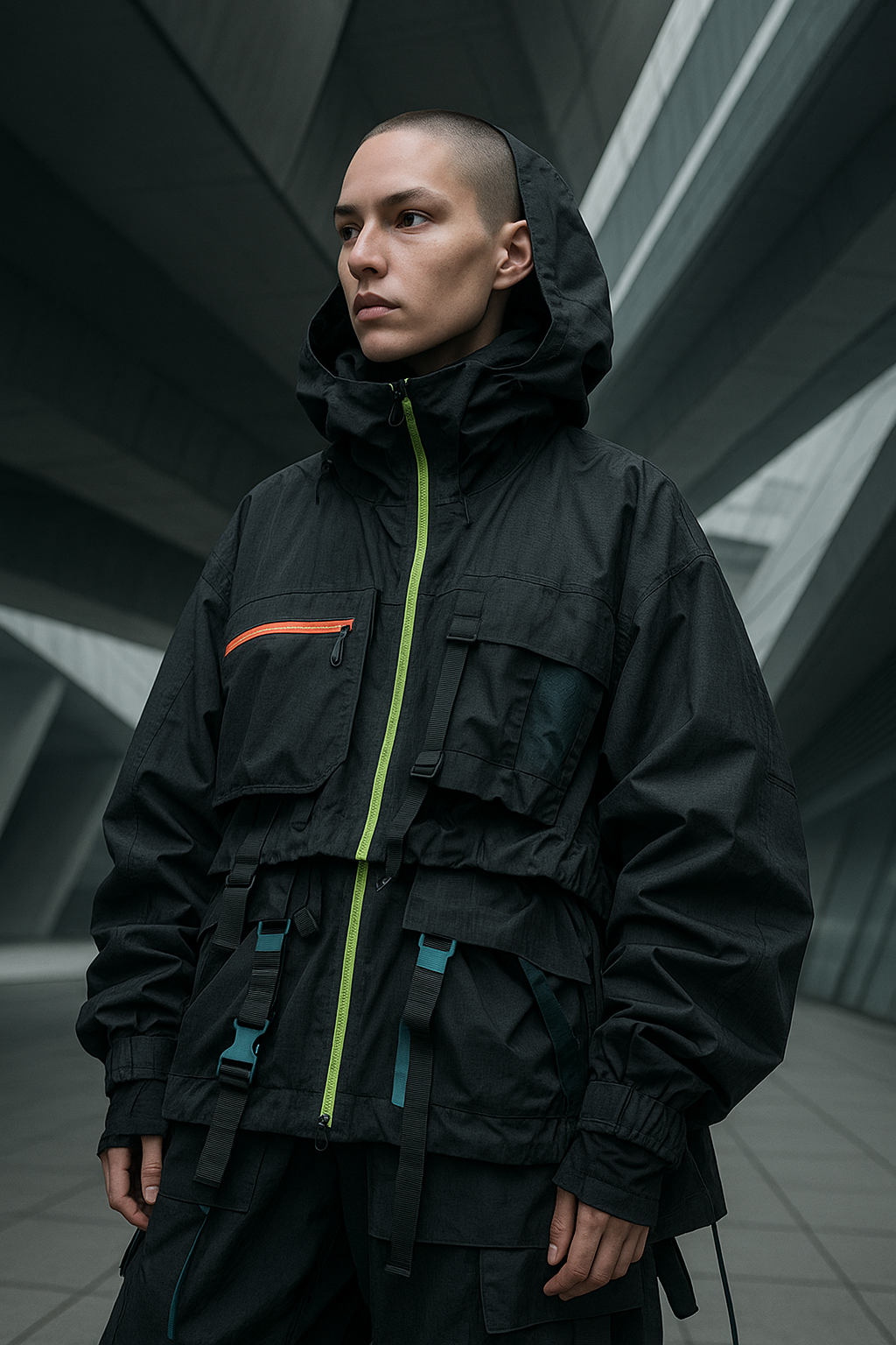 SKIPIKS AI 패션 화보 — techwear, streetwear, urban — 도시적 감각이 돋보이는 검정색 후드 아노락은 날렵한 실루엣과 독특한 디테일의 조화가 매력적이에요. 멋스러운 액세서리나 컬러풀한 스니커즈와 함께 