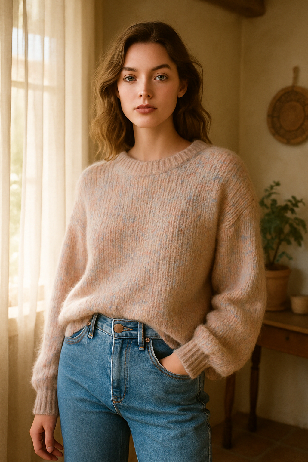SKIPIKS AI 패션 화보 — casual, cozy — 부드러운 베이지 톤의 니트 스웨터가 따뜻하고 아늑한 분위기를 연출합니다. 베이직한 청바지와 함께 매치해 일상 속에서 편안하면서도 스타일리시한 느