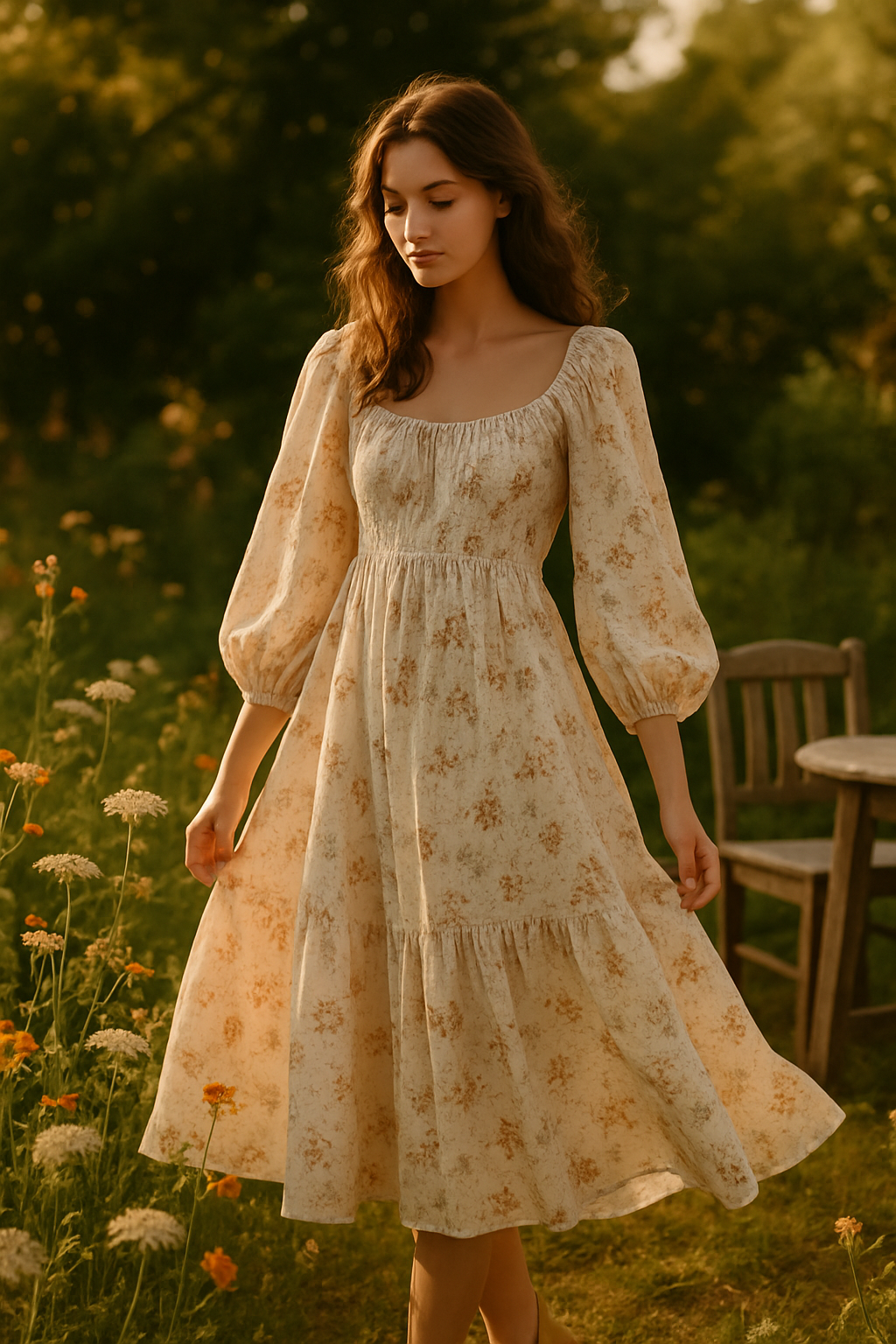 SKIPIKS AI 패션 화보 — vintage, feminine — 자연을 배경으로 한 플로럴 드레스가 로맨틱한 분위기를 자아냅니다. 부드러운 베이지 톤과 사랑스러운 패턴이 매력적으로 어우러져 따뜻한 봄날에 어울