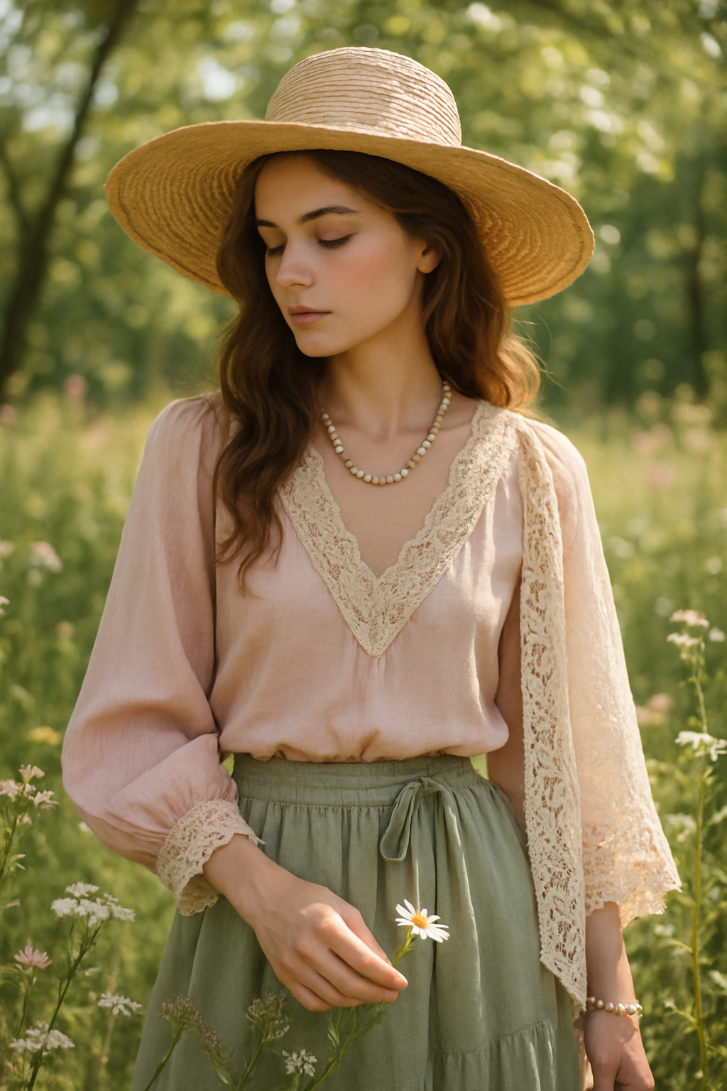 SKIPIKS AI 패션 화보 — vintage, feminine, romantic — 자연스럽고 로맨틱한 무드를 더한 이 룩은 핑크 블라우스의 레이스 디테일과 부드러운 카키 맥시 스커트로 완성됩니다. 스트로 햇을 더해 햇살 아래서