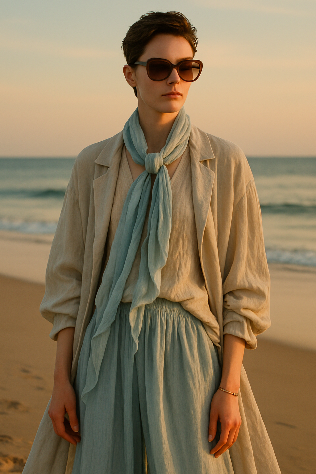 SKIPIKS AI 패션 화보 — bohemian, casual, resort — 따뜻한 자연의 색채가 돋보이는 보헤미안 무드 룩이 완성되었어요. 하늘색 스카프와 벽돌색 선글라스가 베이지 린넨 블레이저에 자연스러운 포인트를 더