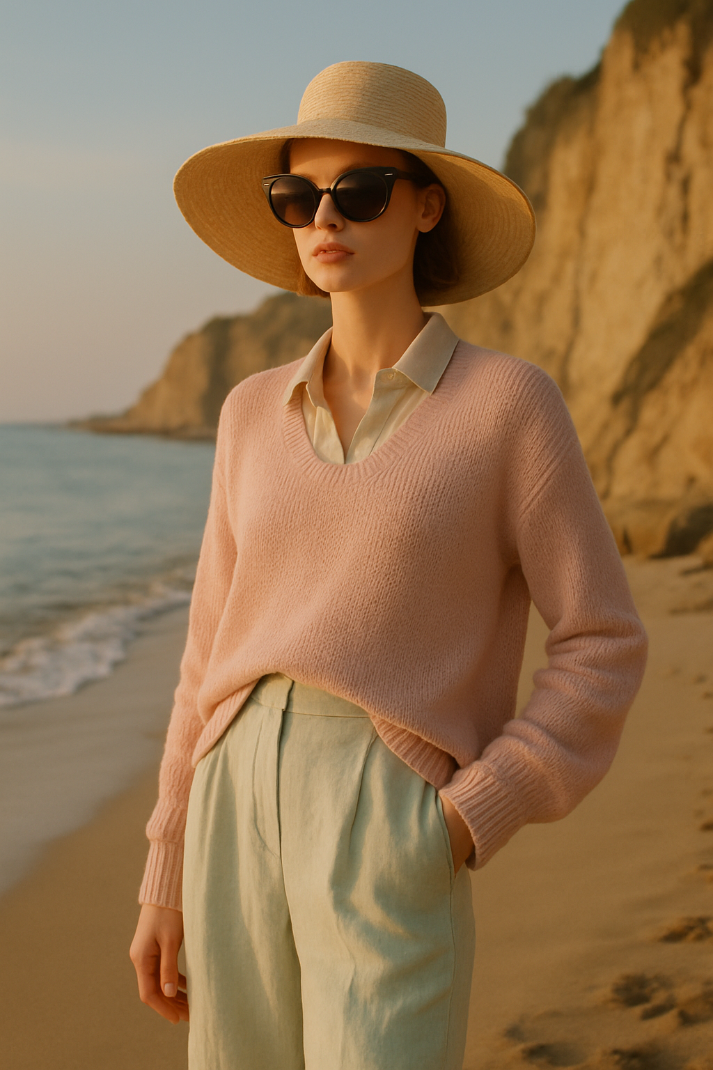 SKIPIKS AI 패션 화보 — feminine, chic, resort — 해변의 여유로움을 담은 부드러운 핑크 니트 스웨터와 아이보리 셔츠의 조화가 돋보이는 룩입니다. 민트색 팬츠와 베이지 색상의 모자가 리조트 분위기