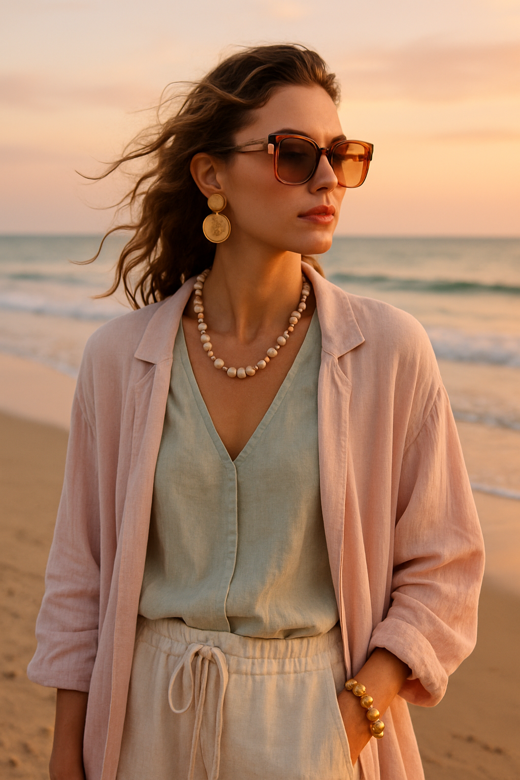 SKIPIKS AI 패션 화보 — resort, bohemian — 부드러운 파스텔 컬러와 자연스러운 린넨 소재가 돋보이는 편안한 비치룩이에요. 브라운 톤의 선글라스와 골드 액세서리로 세련된 포인트를 주는 스타일