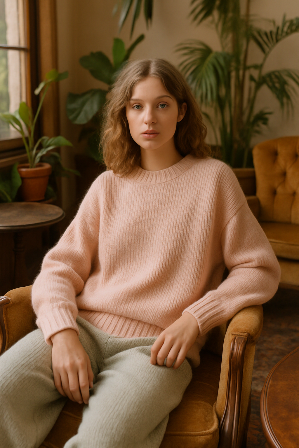 SKIPIKS AI 패션 화보 — casual, comfy — 부드러운 핑크 니트 스웨터와 민트 컬러의 팬츠가 조화를 이루며 포근한 무드를 완성합니다. 간결하면서도 따뜻한 이 룩에는 뉴트럴 톤의 아우터나 간