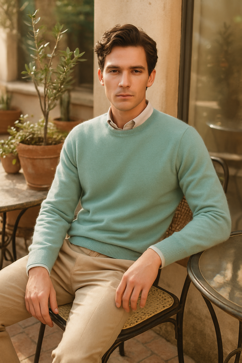 SKIPIKS AI 패션 화보 — casual, minimalist, classic — 민트색 스웨터와 베이지 치노 팬츠의 조화가 신선하고 우아한 무드로 스타일링을 완성해줍니다. 화이트 셔츠를 레이어드해 깔끔하면서도 모던한 감각을 