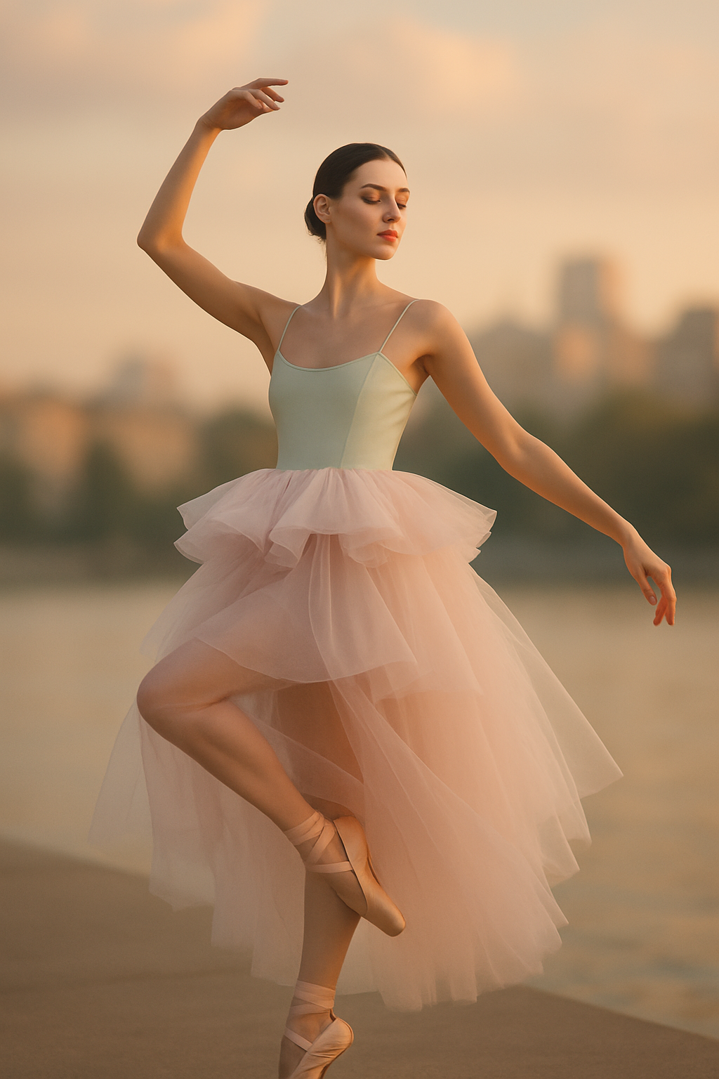 SKIPIKS AI 패션 화보 — romantic, elegant — 연분홍색의 발레 의상은 우아한 실루엣과 로맨틱한 분위기를 자아냅니다. 발레 슈즈와 함께 스타일링하면 예술적인 무드가 완성돼요. 데이트나 예술 공