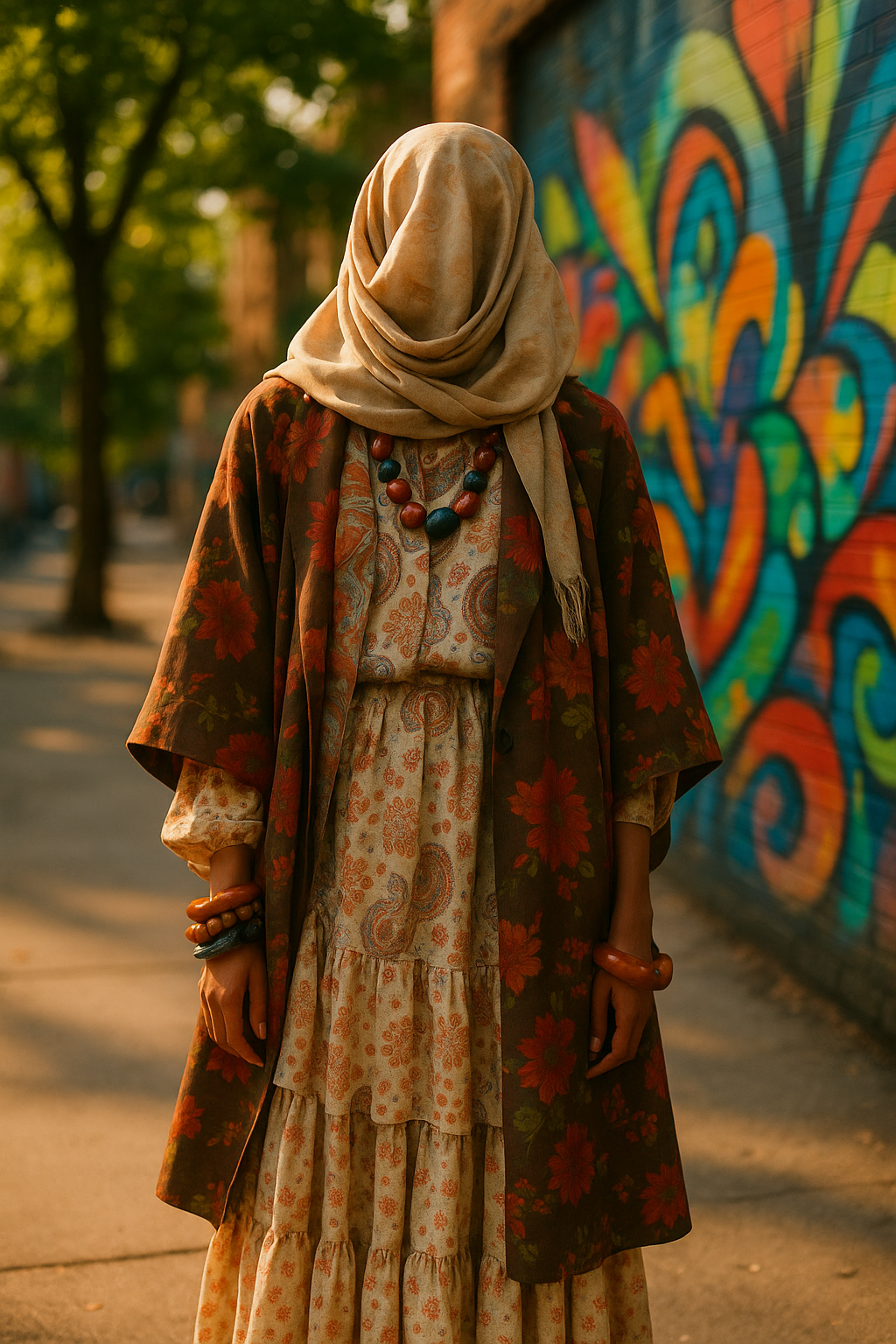 SKIPIKS AI 패션 화보 — bohemian, vintage, layered — 풍성한 플로럴 패턴 드레스와 갈색 아우터가 어우러져 보헤미안 무드를 연출합니다. 화려한 네크리스로 포인트를 주어 감각적인 스타일링을 완성할 수 