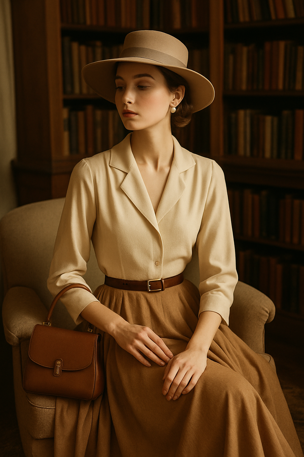 SKIPIKS AI 패션 화보 — vintage, classic, feminine — 우아하고 고전적인 무드가 돋보이는 빈티지 스타일의 룩입니다. 크림 색상의 블라우스와 갈색 스커트의 조화로 차분하면서도 세련된 분위기를 연출해 보