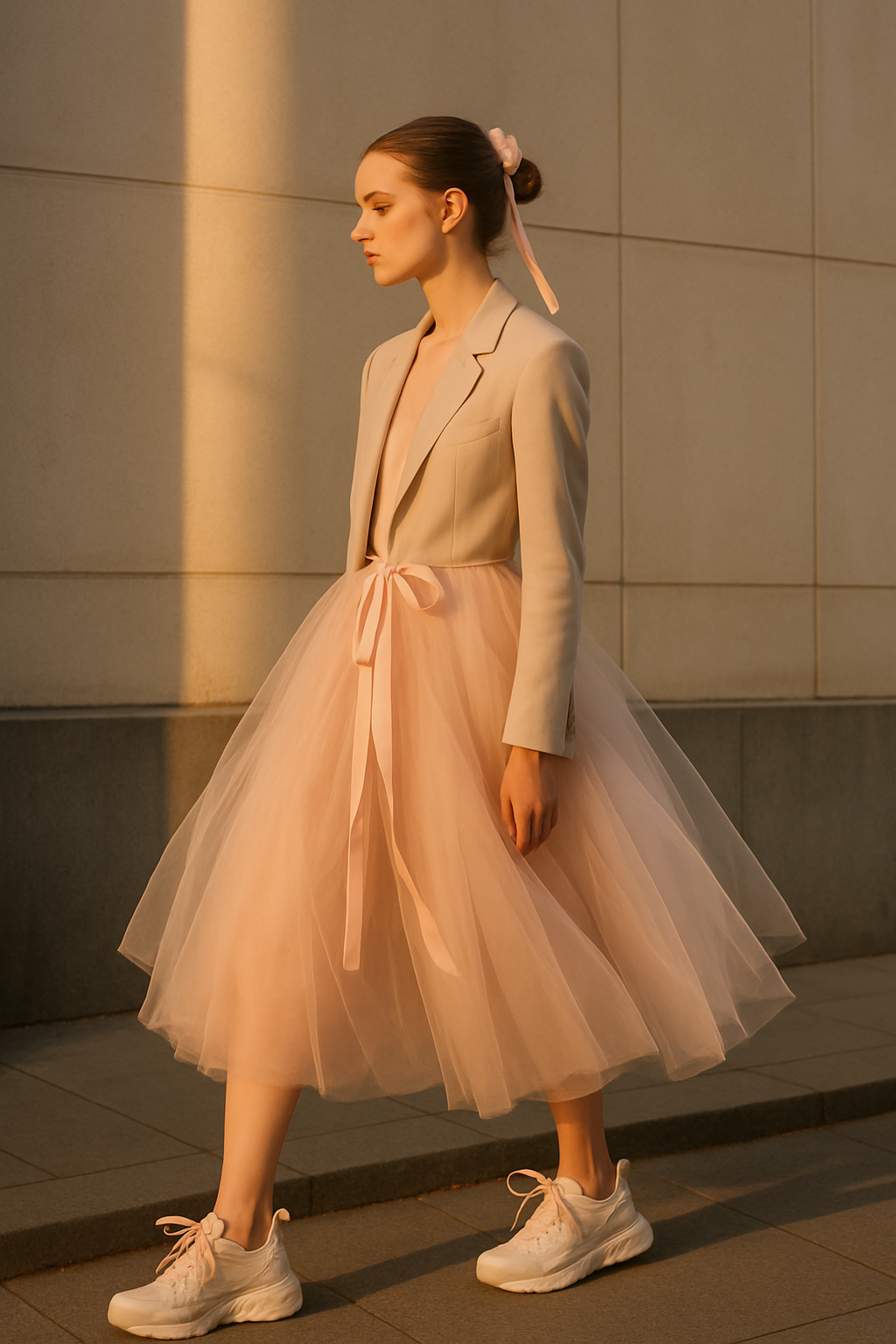 SKIPIKS AI 패션 화보 — romantic, feminine, elegant — 부드럽고 여성스러운 핑크와 베이지 조합이 돋보이는 로맨틱한 룩입니다. 클래식한 블레이저와 가벼운 튤 스커트의 조화로 사랑스러운 분위기를 연출해보