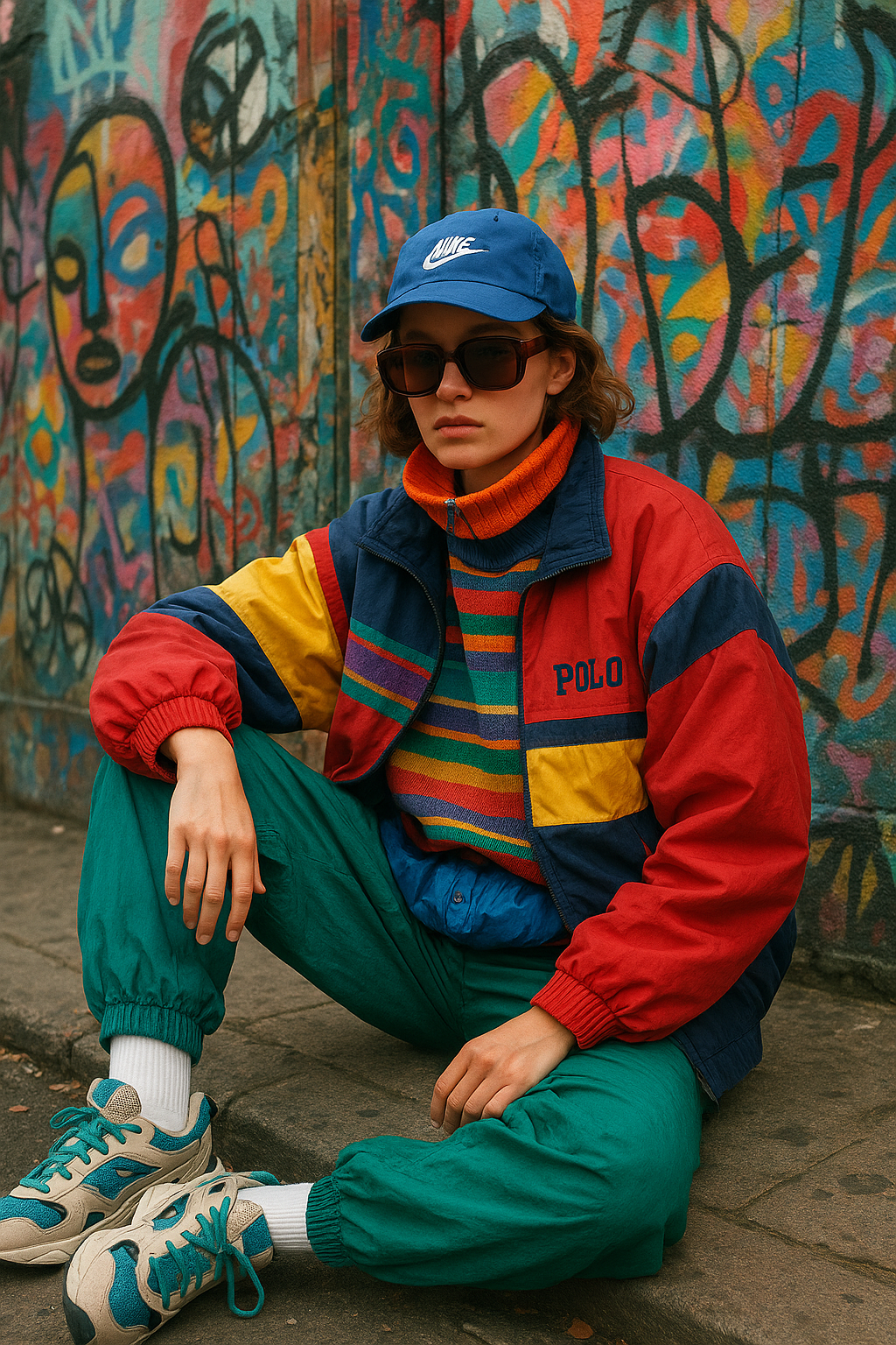SKIPIKS AI 패션 화보 — streetwear, retro, colorful — 대담한 컬러 블록과 스트라이프가 조화를 이룬 레트로 무드의 스트리트 패션을 선보입니다. 컬러풀한 아이템들을 믹스해 포인트를 살리고, 옅은 색의 