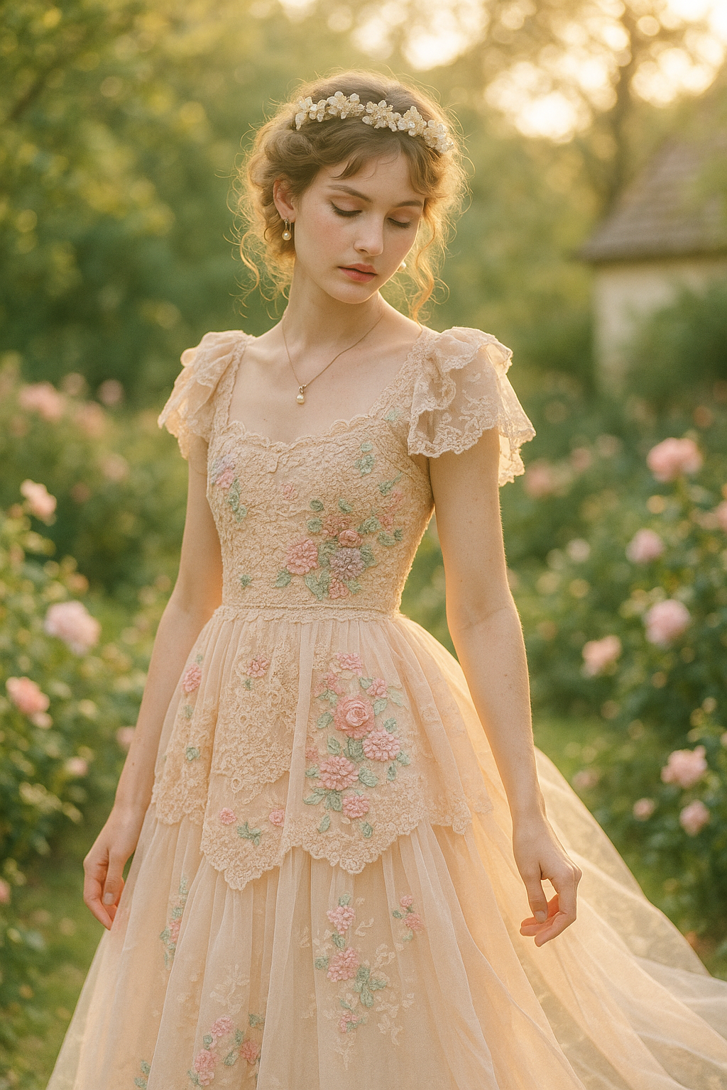 SKIPIKS AI 패션 화보 — romantic, vintage, feminine — 레트로 감성이 묻어나는 레이스 드레스가 로맨틱한 분위기를 연출해 보세요. 꽃 장식 헤어밴드와 진주 액세서리로 사랑스러운 포인트를 더해 완성됩니다