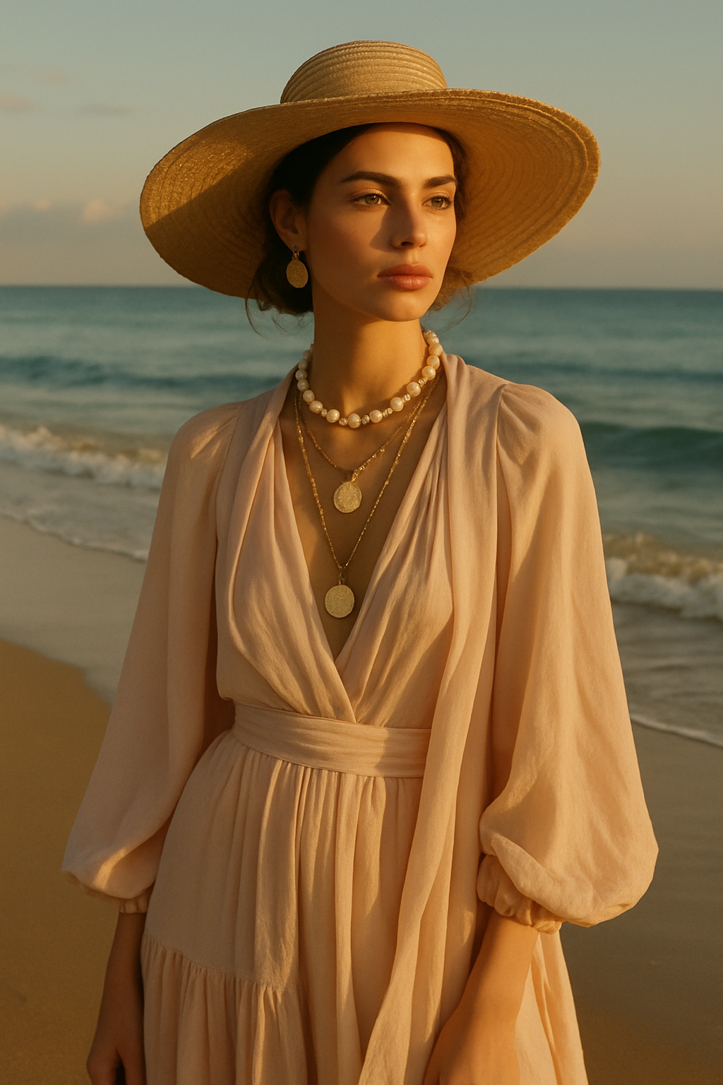 SKIPIKS AI 패션 화보 — bohemian, romantic, elegant — 크림 색상의 롱 드레스와 보헤미안 무드의 스트로 햇이 어우러져 자연스럽고 우아한 느낌을 연출해요. 진주와 골드 목걸이로 포인트를 주어 더욱 고급