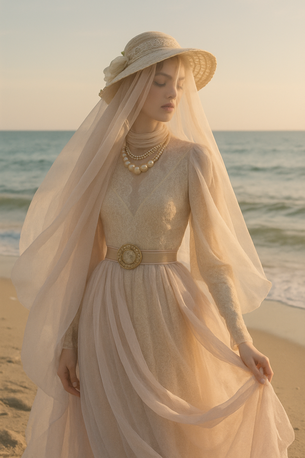 SKIPIKS AI 패션 화보 — romantic, classic, feminine — 바다와 함께 하는 아름다운 순간을 위한 로맨틱한 룩이에요. 부드러운 아이보리 색감의 맥시 드레스에 진주 목걸이가 우아한 포인트를 주며, 라피아 