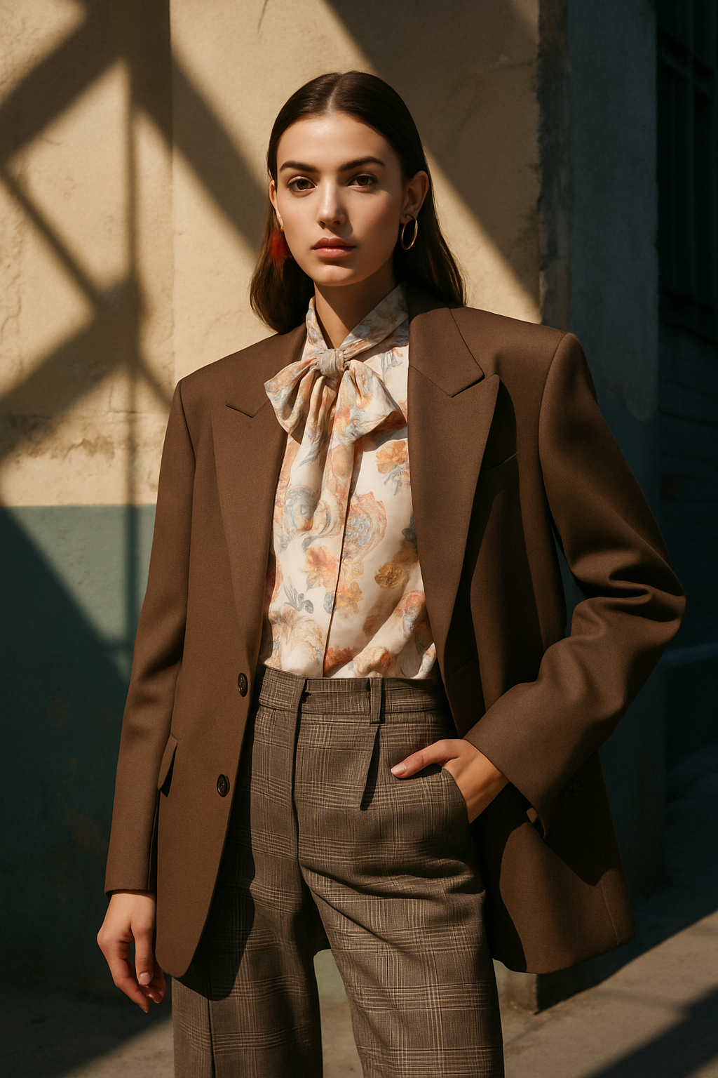 SKIPIKS AI 패션 화보 — classic, elegant — 브라운의 깊고 따뜻한 색감이 돋보이는 클래식한 무드의 룩이에요. 플로럴 블라우스와 짙은 재킷의 매치로 우아한 분위기를 연출해보세요. 오피스룩이나