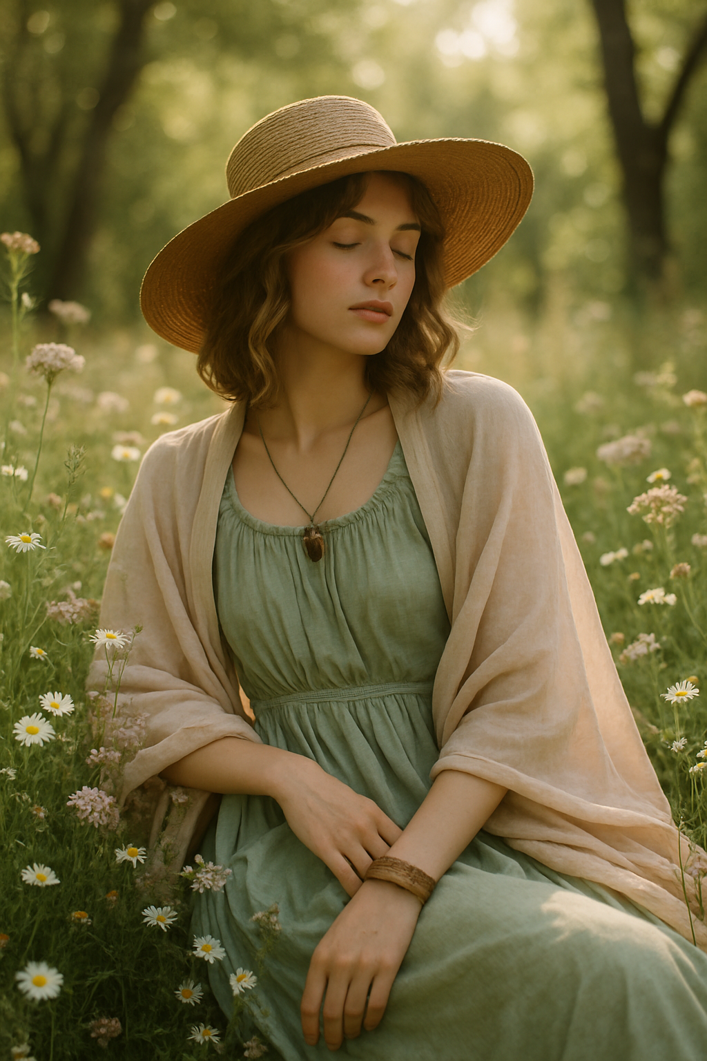 SKIPIKS AI 패션 화보 — bohemian, vintage, feminine — 부드러운 민트색 드레스와 베이지숄이 자연 친화적이고 여유로운 분위기를 자아냅니다. 밀짚 모자와 목걸이, 팔찌로 보헤미안 감성을 더해보세요. 여름