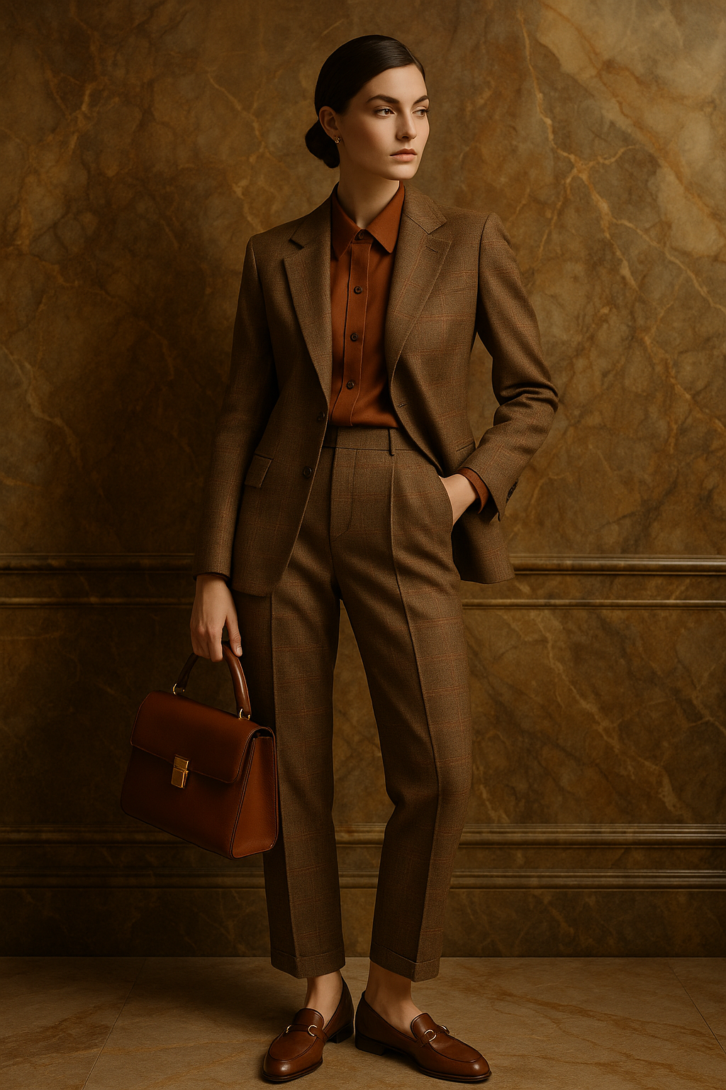 SKIPIKS AI 패션 화보 — classic, elegant, timeless — 중후한 브라운 톤의 체크 재킷과 슬랙스는 우아하면서도 고급스러운 무드를 자아내요. 벽돌색 셔츠와 매치하여 따뜻한 느낌을 더하면서, 다양한 브라운