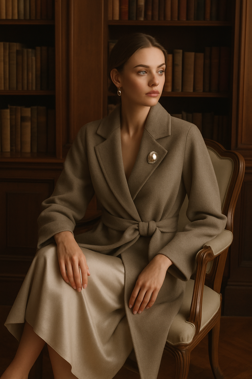SKIPIKS AI 패션 화보 — elegant, classic — 베이지 톤의 고급스러운 롱 코트가 클래식한 무드를 연출해보세요. 실크 스커트와 매치하여 우아함을 극대화할 수 있으며, 심플한 실버 브로치로 포인