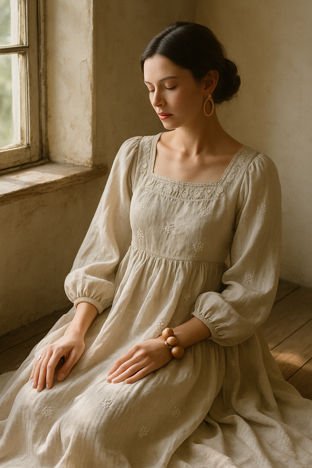 SKIPIKS AI 패션 화보 — vintage, feminine, elegant — 풍성한 소매와 자수 디테일이 돋보이는 베이지 롱 드레스가 클래식한 분위기를 자아내요. 우드 감각이 돋보이는 팔찌와 원형 귀걸이를 매치하여 자연스