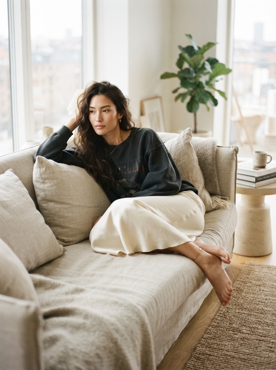 SKIPIKS AI 패션 화보 — casual, minimalist — 어두운 컬러의 스웨트셔츠와 부드러운 크림색 롱 스커트가 조화로운 따뜻한 홈웨어 스타일입니다. 골드 액세서리로 포인트를 주어 세련된 느낌을 더해보