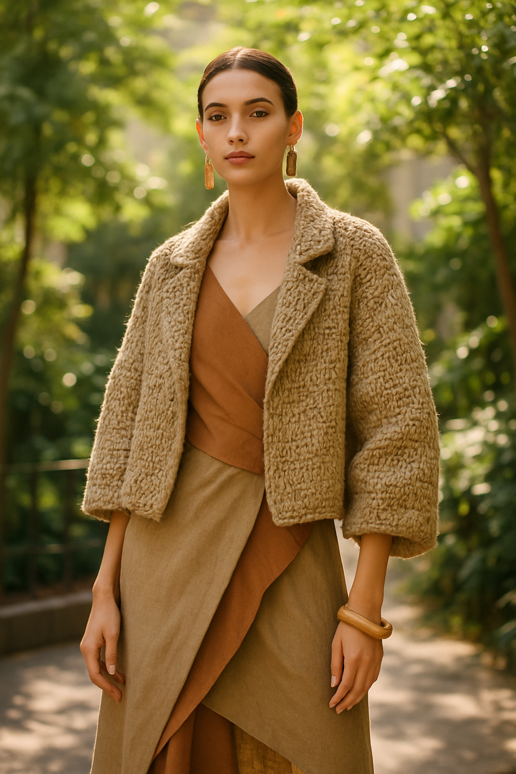SKIPIKS AI 패션 화보 — natural, elegant, layered — 부드러운 베이지와 브라운 톤이 조화를 이루어 따뜻하면서도 우아한 분위기를 연출해보세요. 니트 자켓과 랩 드레스의 조합이 자연스러운 아름다움을 완