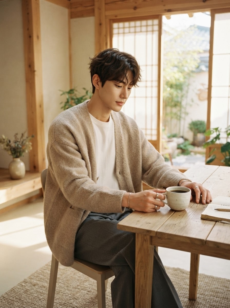SKIPIKS AI 패션 화보 — minimalist, casual — 여유롭고 편안한 무드가 돋보이는 베이지톤의 가디건과 흰색 티셔츠의 조화가 포인트입니다. 심플하지만 우아한 회색 바지로 전체적인 룩의 밸런스를 맞