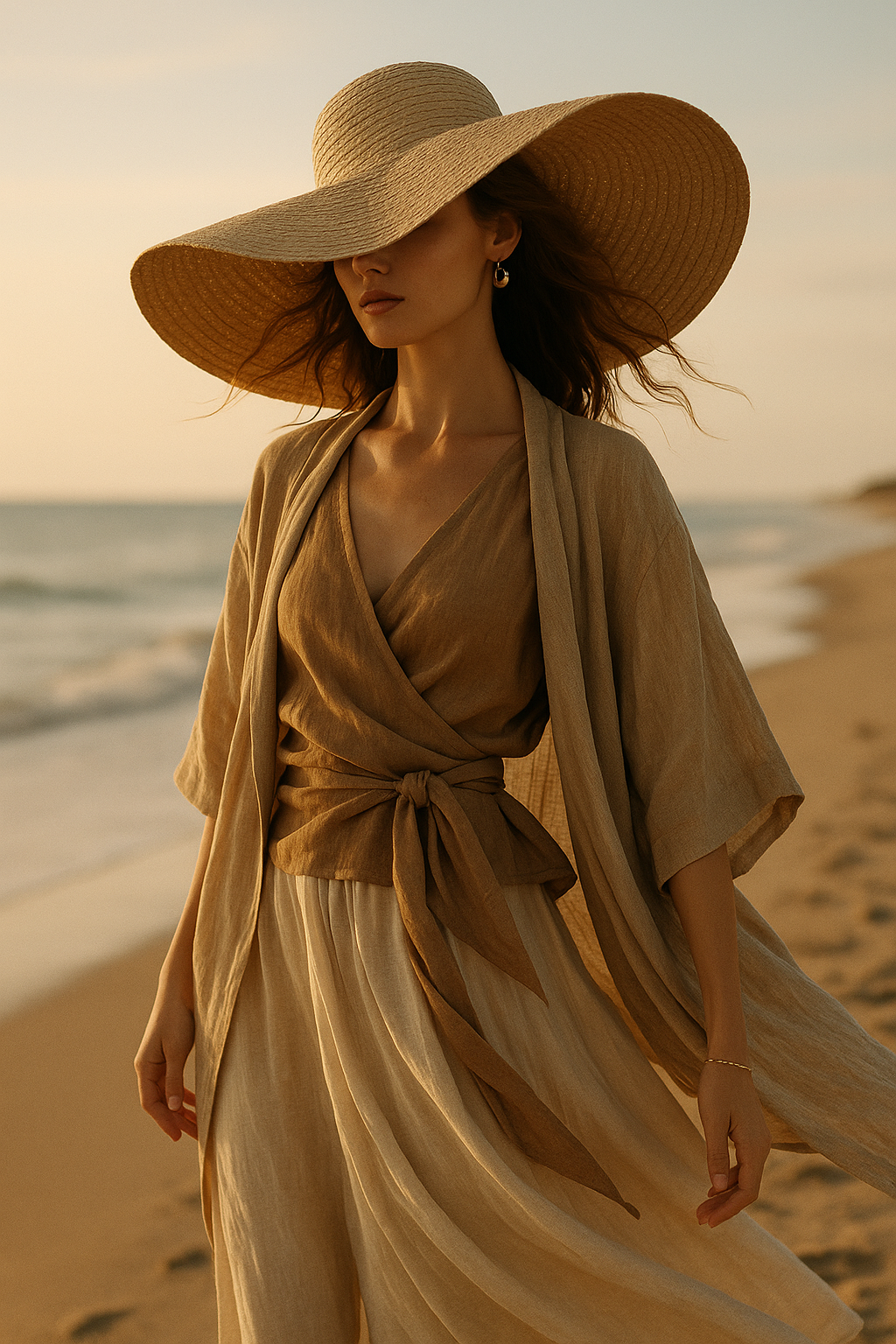SKIPIKS AI 패션 화보 — bohemian, natural, elegant — 자연스러운 베이지 톤의 랩 블라우스와 로브가 바람에 흩날리며 부드럽고 우아한 무드를 선사합니다. 크림색 팬츠와 와이드 햇을 매치하여 세련된 여름